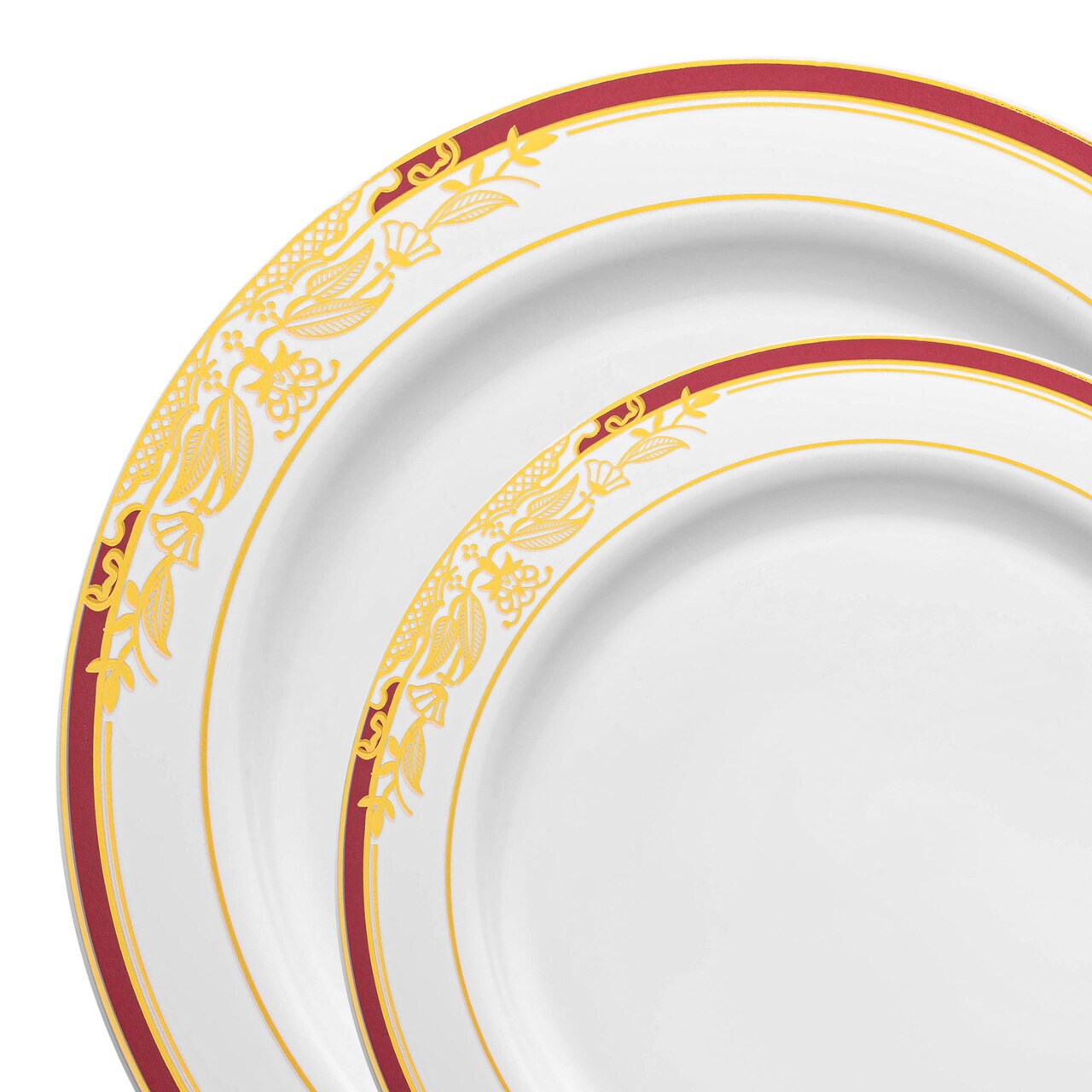 White with Burgundy and Gold Harmony Rim Plastic Dinnerware Value Set (120 Guests)